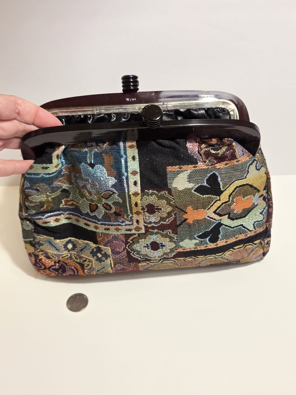 Patchwork With Tortoise Resin Frame Clutch Bag in Multicolor Vintage 1960s